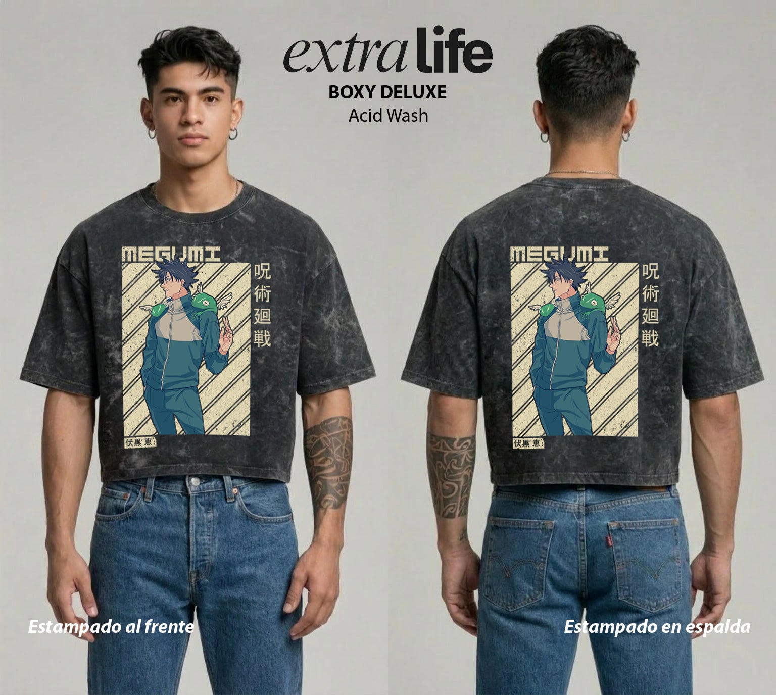 Playera streetwear premium de anime y gaming ExtraLife MX, corte boxy deluxe mineral wash heavyweight en color Acid Wash, moda urbana mexicana de culto.