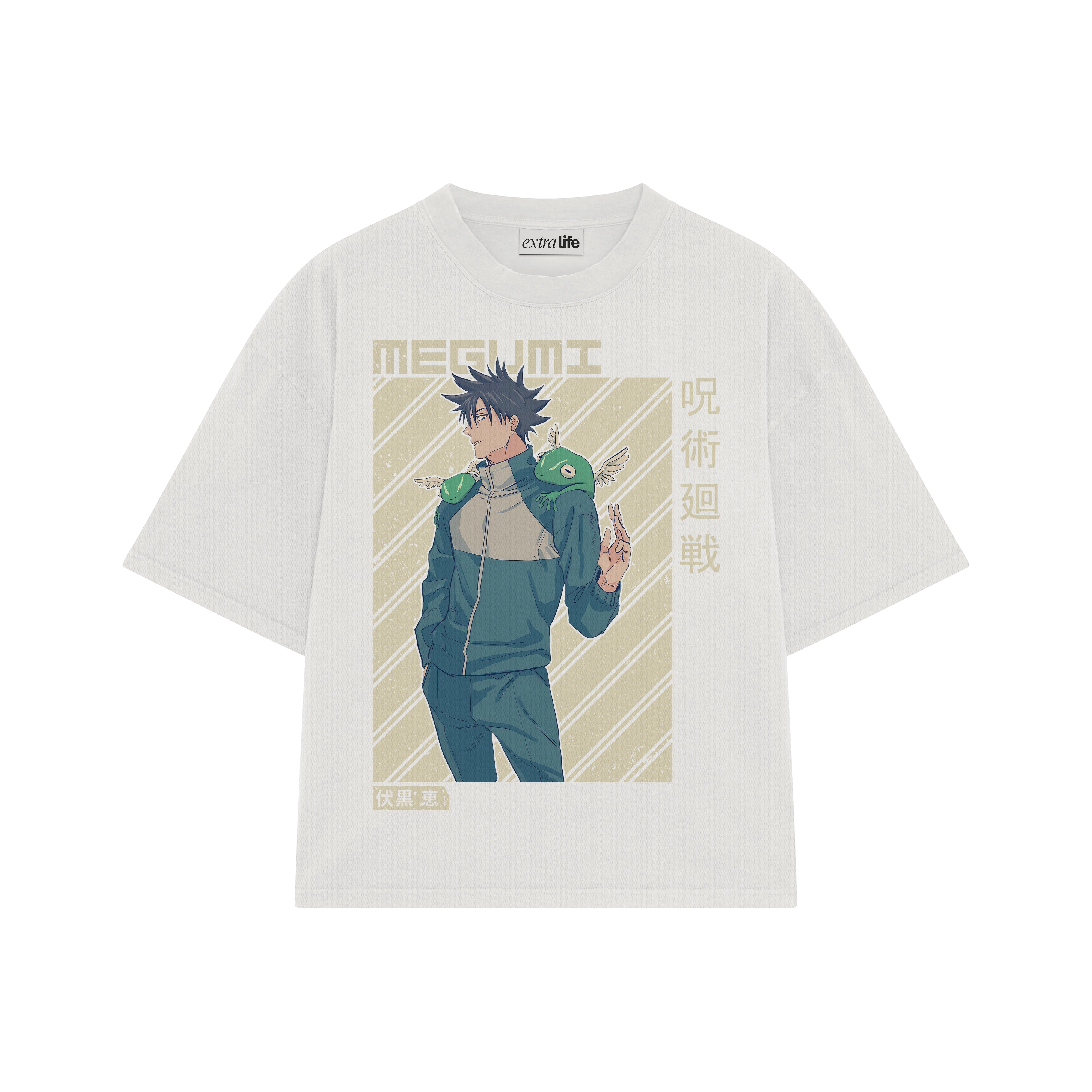 Playera streetwear premium de anime y gaming ExtraLife MX, corte boxy oversized drop shoulder heavyweight en color Deep Black y Off-White, moda urbana mexicana de culto.