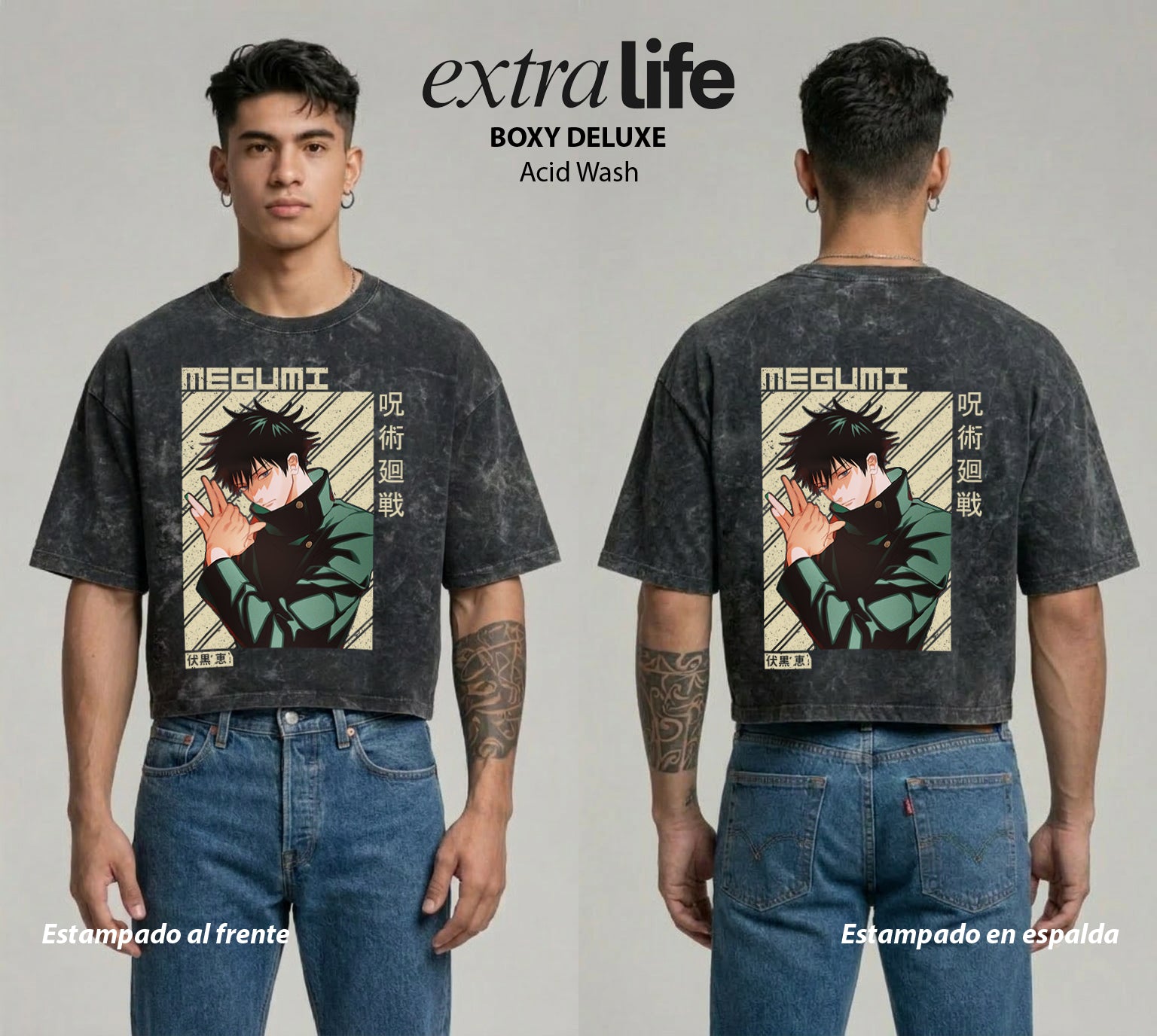 Playera streetwear premium de anime y gaming ExtraLife MX, corte boxy deluxe mineral wash heavyweight en color Acid Wash, moda urbana mexicana de culto.