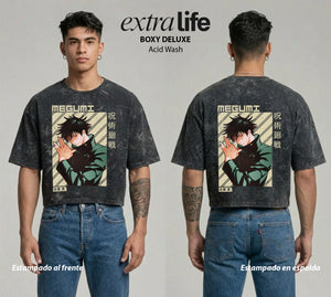 Playera streetwear premium de anime y gaming ExtraLife MX, corte boxy deluxe mineral wash heavyweight en color Acid Wash, moda urbana mexicana de culto.