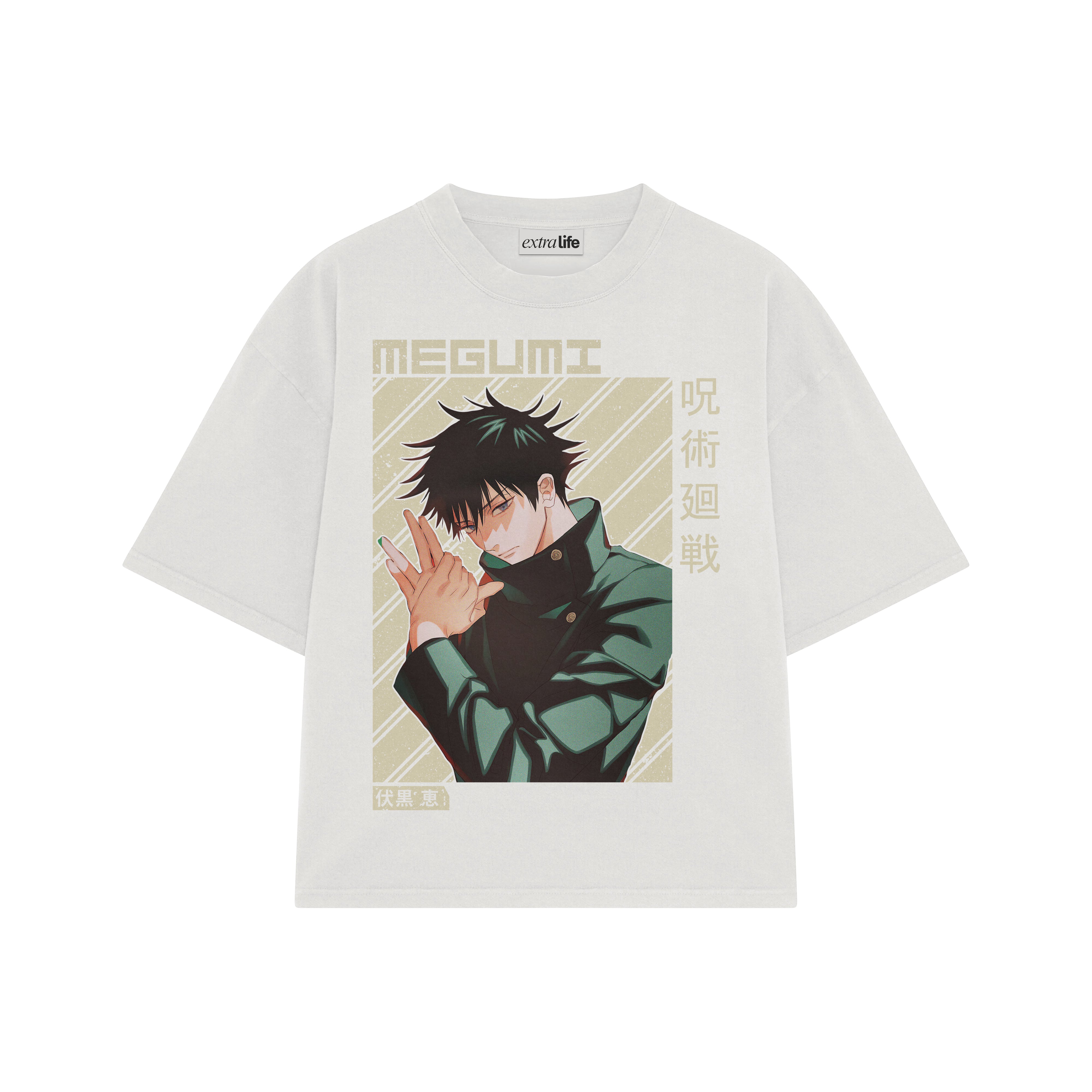Playera streetwear premium de anime y gaming ExtraLife MX, corte boxy oversized drop shoulder heavyweight en color Deep Black y Off-White, moda urbana mexicana de culto.