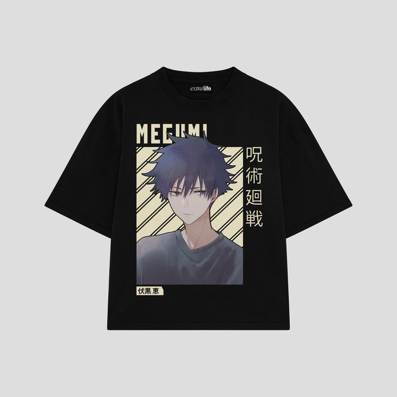 Playera streetwear premium de anime y gaming ExtraLife MX, corte boxy oversized drop shoulder heavyweight en color Deep Black y Off-White, moda urbana mexicana de culto.