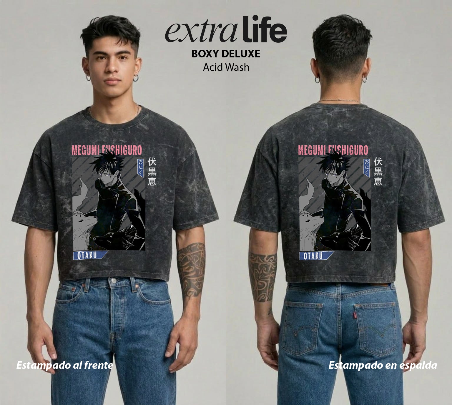 Playera streetwear premium de anime y gaming ExtraLife MX, corte boxy deluxe mineral wash heavyweight en color Acid Wash, moda urbana mexicana de culto.