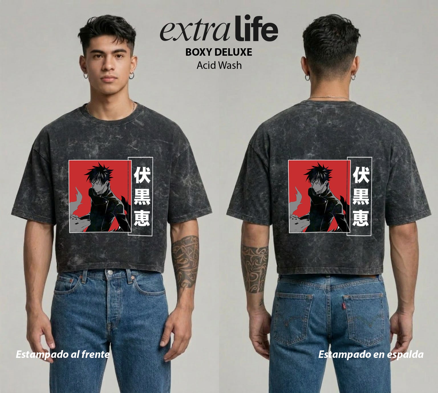 Playera streetwear premium de anime y gaming ExtraLife MX, corte boxy deluxe mineral wash heavyweight en color Acid Wash, moda urbana mexicana de culto.
