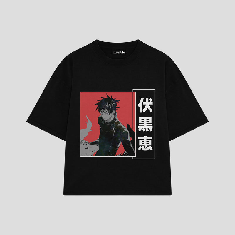 Playera streetwear premium de anime y gaming ExtraLife MX, corte boxy oversized drop shoulder heavyweight en color Deep Black y Off-White, moda urbana mexicana de culto.
