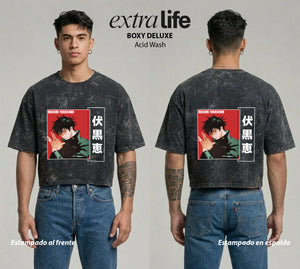 Playera streetwear premium de anime y gaming ExtraLife MX, corte boxy deluxe mineral wash heavyweight en color Acid Wash, moda urbana mexicana de culto.