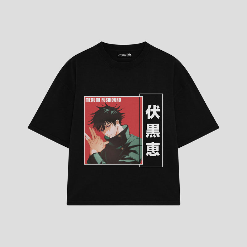 Playera streetwear premium de anime y gaming ExtraLife MX, corte boxy oversized drop shoulder heavyweight en color Deep Black y Off-White, moda urbana mexicana de culto.