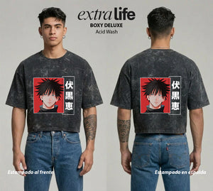 Playera streetwear premium de anime y gaming ExtraLife MX, corte boxy deluxe mineral wash heavyweight en color Acid Wash, moda urbana mexicana de culto.