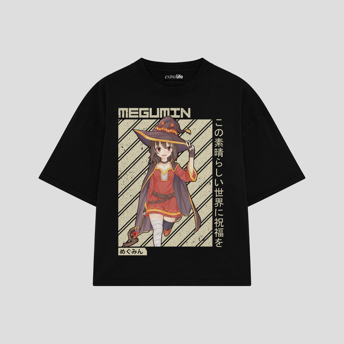 Playera streetwear premium de anime y gaming ExtraLife MX, corte oversized drop shoulder ligero y fresco en color Deep Black y Off-White, moda urbana mexicana de culto.
