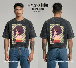 Playera streetwear premium de anime y gaming ExtraLife MX, corte boxy deluxe mineral wash heavyweight en color Acid Wash, moda urbana mexicana de culto.