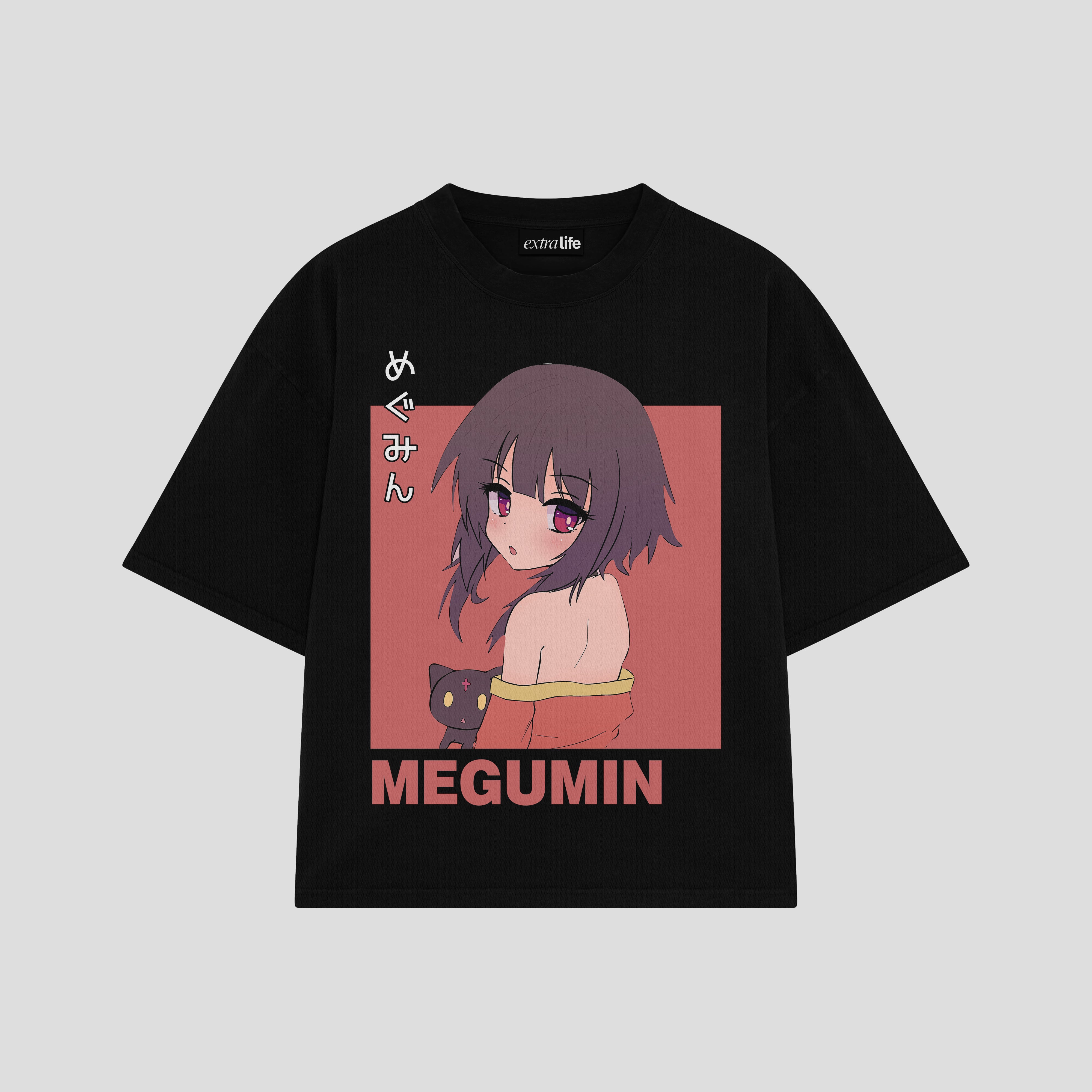 Playera streetwear premium de anime y gaming ExtraLife MX, corte boxy oversized drop shoulder heavyweight en color Deep Black y Off-White, moda urbana mexicana de culto.