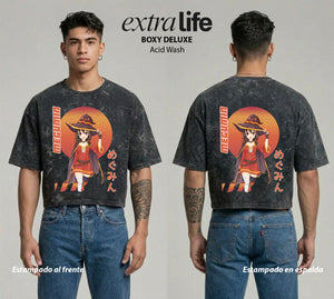 Playera streetwear premium de anime y gaming ExtraLife MX, corte boxy deluxe mineral wash heavyweight en color Acid Wash, moda urbana mexicana de culto.