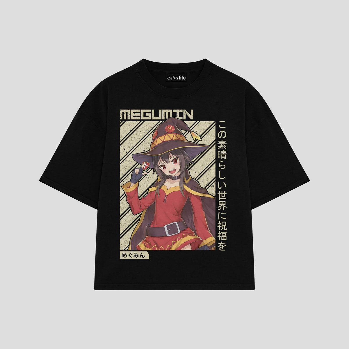 Playera streetwear premium de anime y gaming ExtraLife MX, corte oversized drop shoulder ligero y fresco en color Deep Black y Off-White, moda urbana mexicana de culto.
