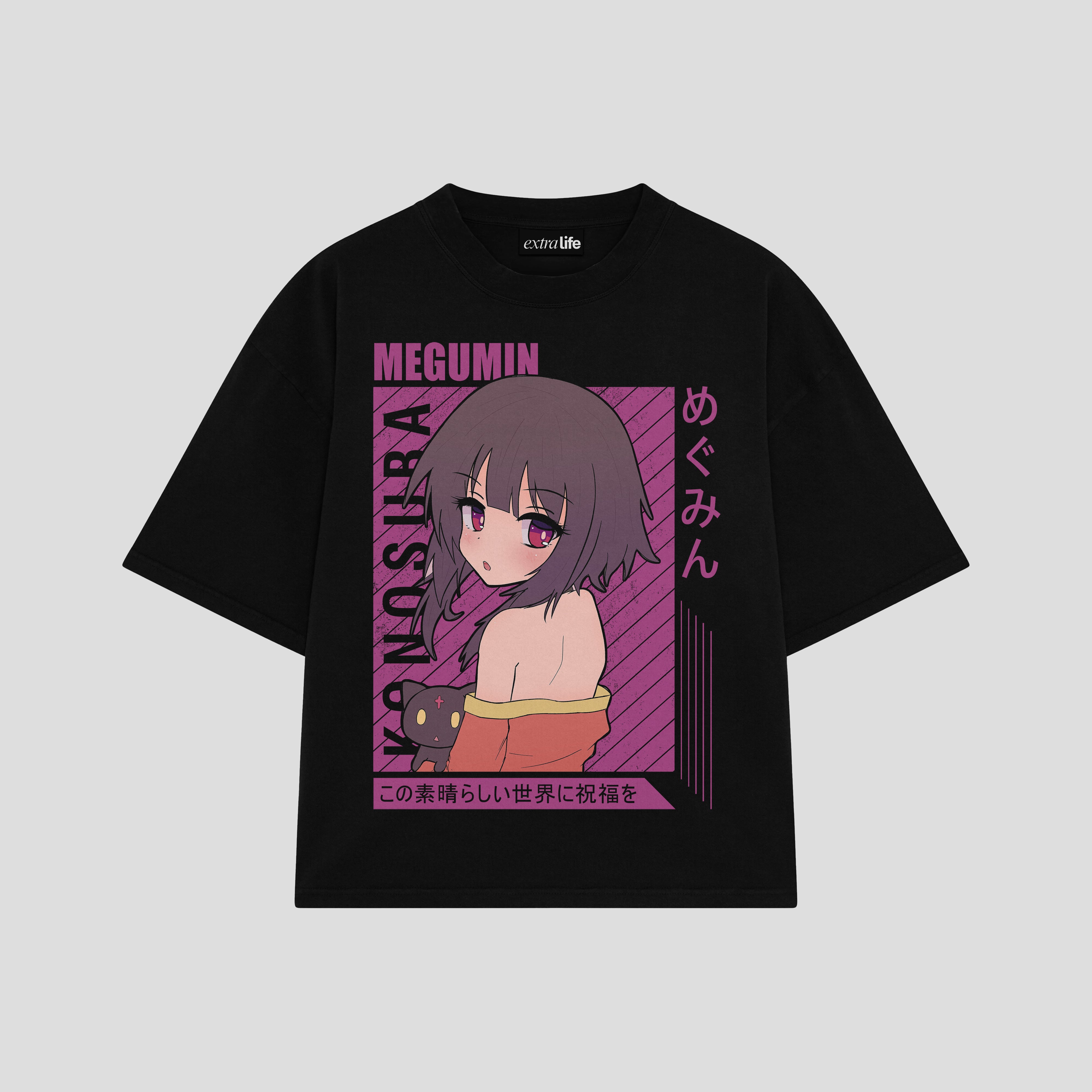 Playera streetwear premium de anime y gaming ExtraLife MX, corte boxy oversized drop shoulder heavyweight en color Deep Black y Off-White, moda urbana mexicana de culto.