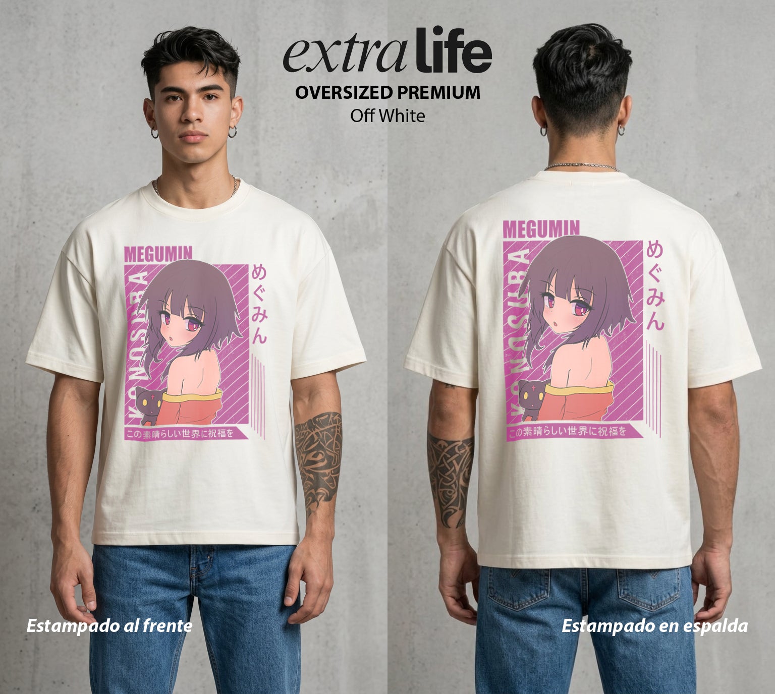 La Otra Vida del Heroe | La Explosion del Bien #02427 - Playera Oversized Premium | Off White - Foto en modelo