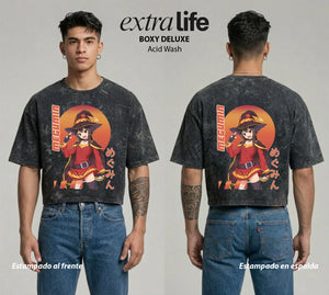 Playera streetwear premium de anime y gaming ExtraLife MX, corte boxy deluxe mineral wash heavyweight en color Acid Wash, moda urbana mexicana de culto.