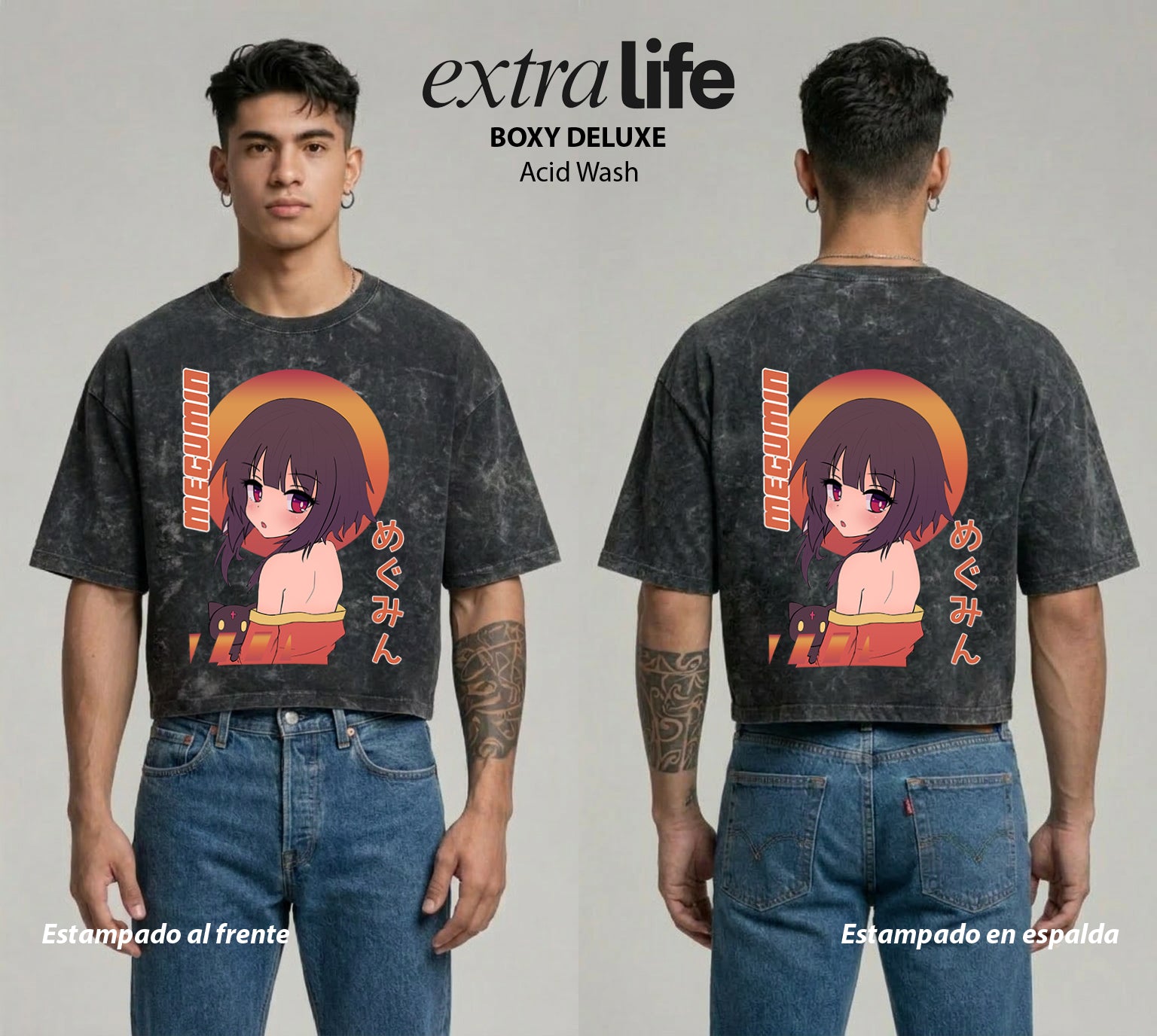 Playera streetwear premium de anime y gaming ExtraLife MX, corte boxy deluxe mineral wash heavyweight en color Acid Wash, moda urbana mexicana de culto.
