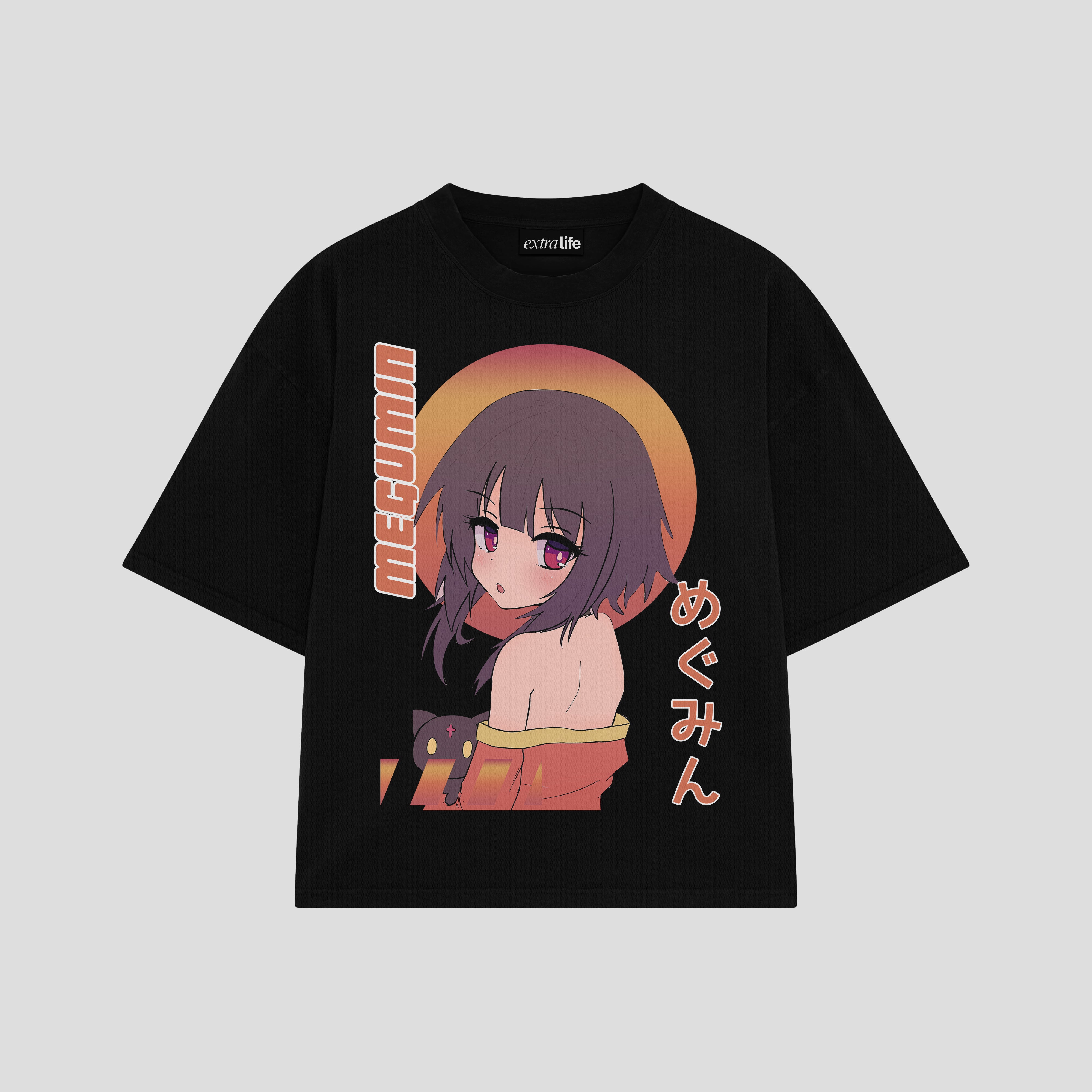 Playera streetwear premium de anime y gaming ExtraLife MX, corte boxy oversized drop shoulder heavyweight en color Deep Black y Off-White, moda urbana mexicana de culto.