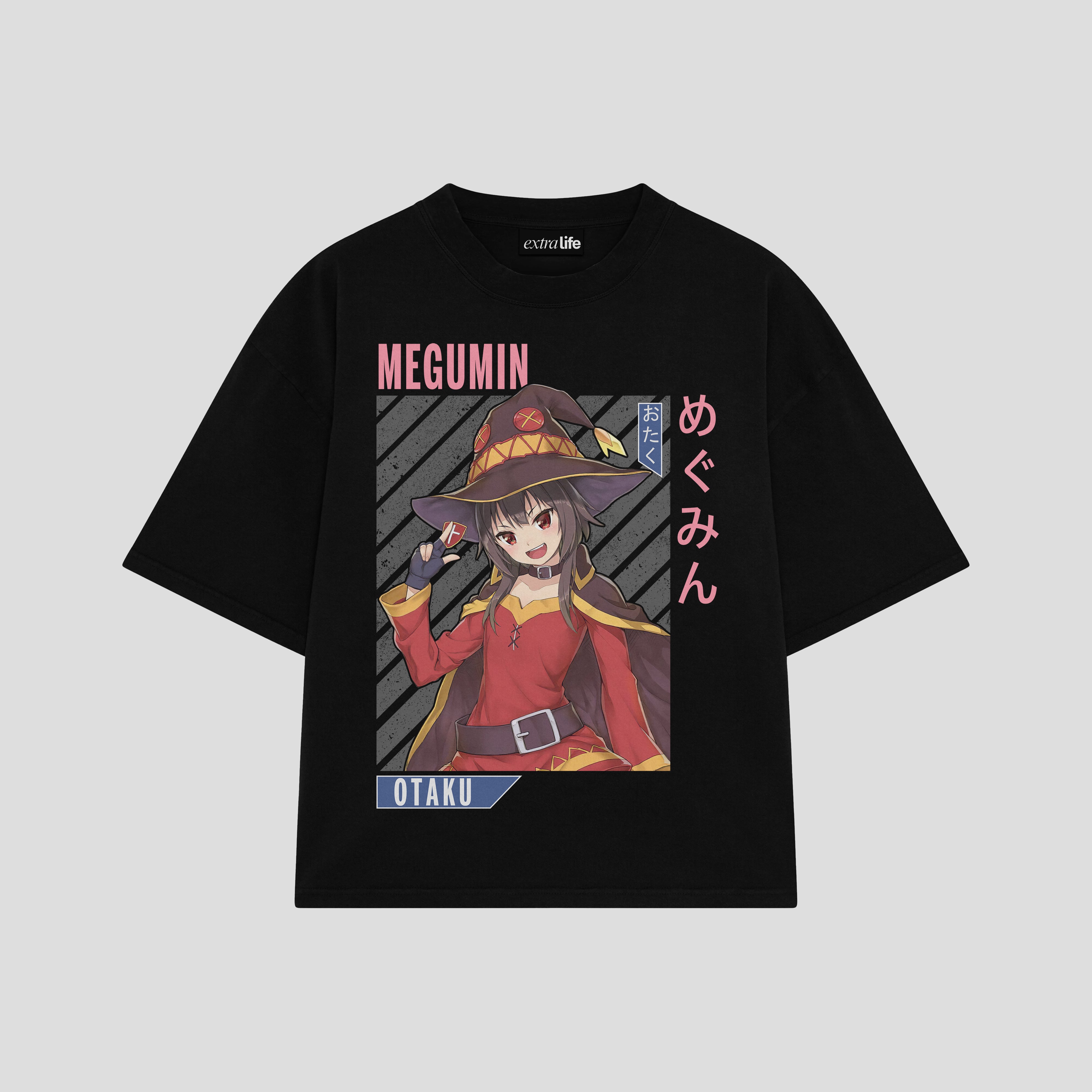 Playera streetwear premium de anime y gaming ExtraLife MX, corte boxy oversized drop shoulder heavyweight en color Deep Black y Off-White, moda urbana mexicana de culto.