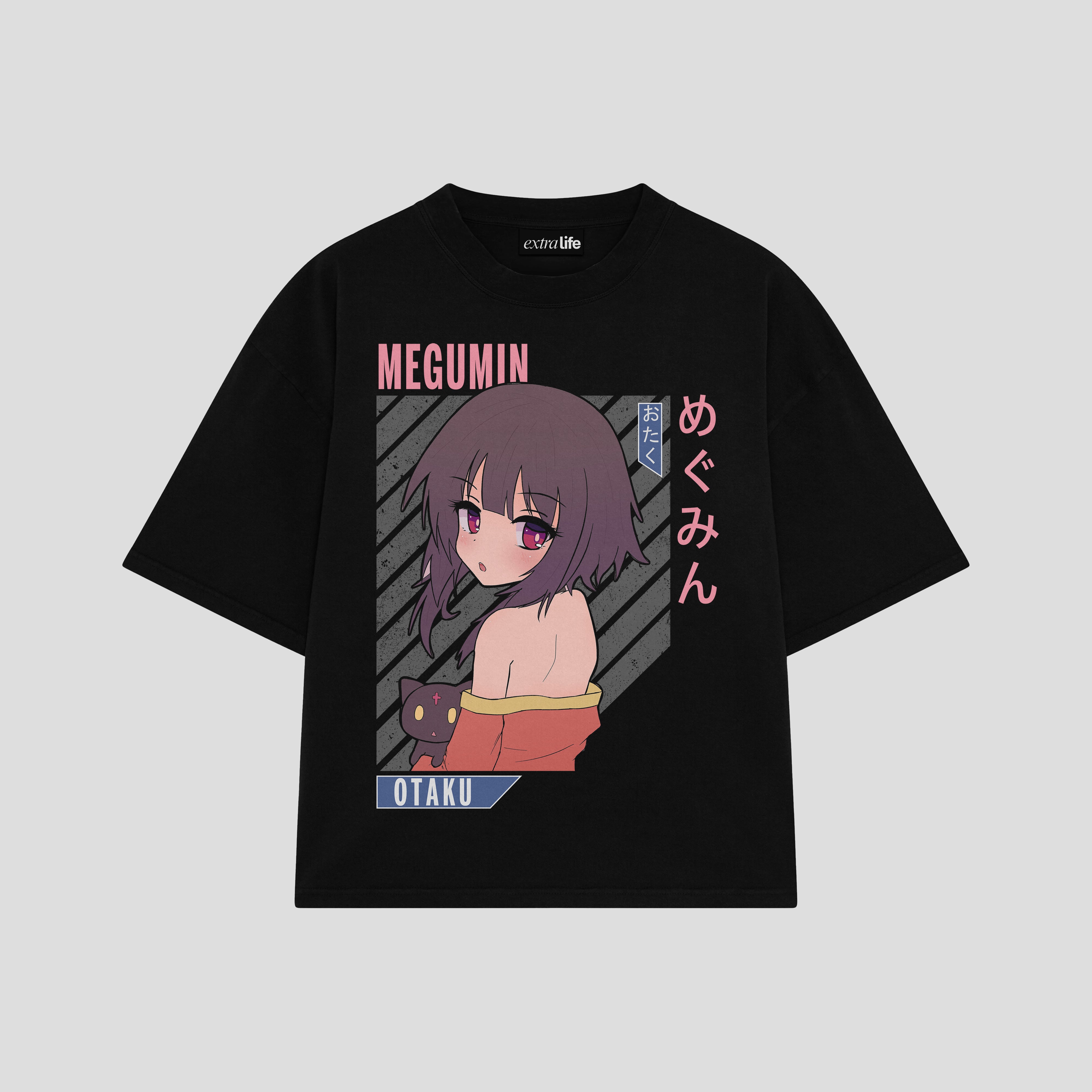 Playera streetwear premium de anime y gaming ExtraLife MX, corte boxy oversized drop shoulder heavyweight en color Deep Black y Off-White, moda urbana mexicana de culto.