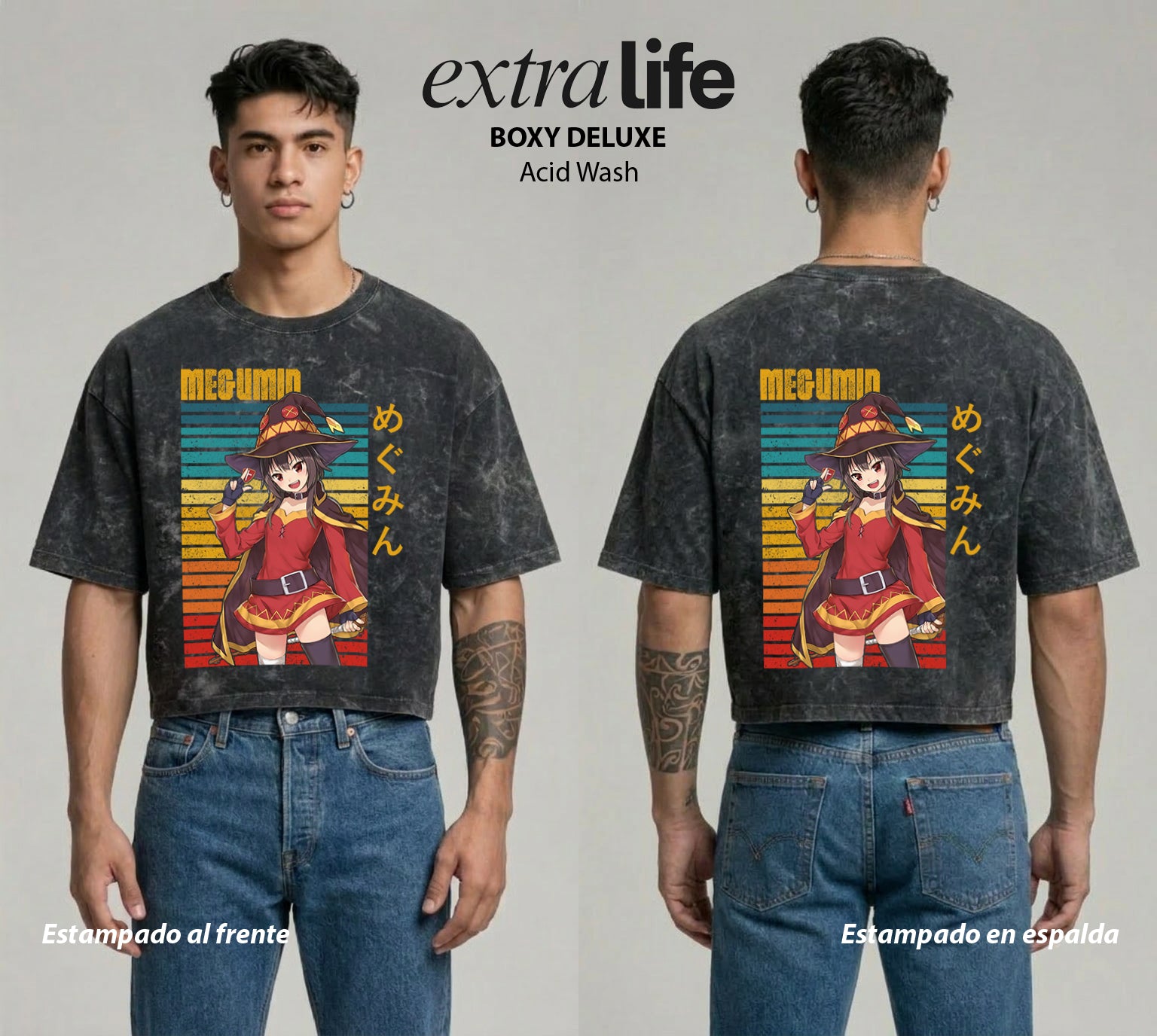 Playera streetwear premium de anime y gaming ExtraLife MX, corte boxy deluxe mineral wash heavyweight en color Acid Wash, moda urbana mexicana de culto.
