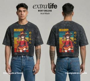 Playera streetwear premium de anime y gaming ExtraLife MX, corte boxy deluxe mineral wash heavyweight en color Acid Wash, moda urbana mexicana de culto.