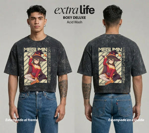 Playera streetwear premium de anime y gaming ExtraLife MX, corte boxy deluxe mineral wash heavyweight en color Acid Wash, moda urbana mexicana de culto.