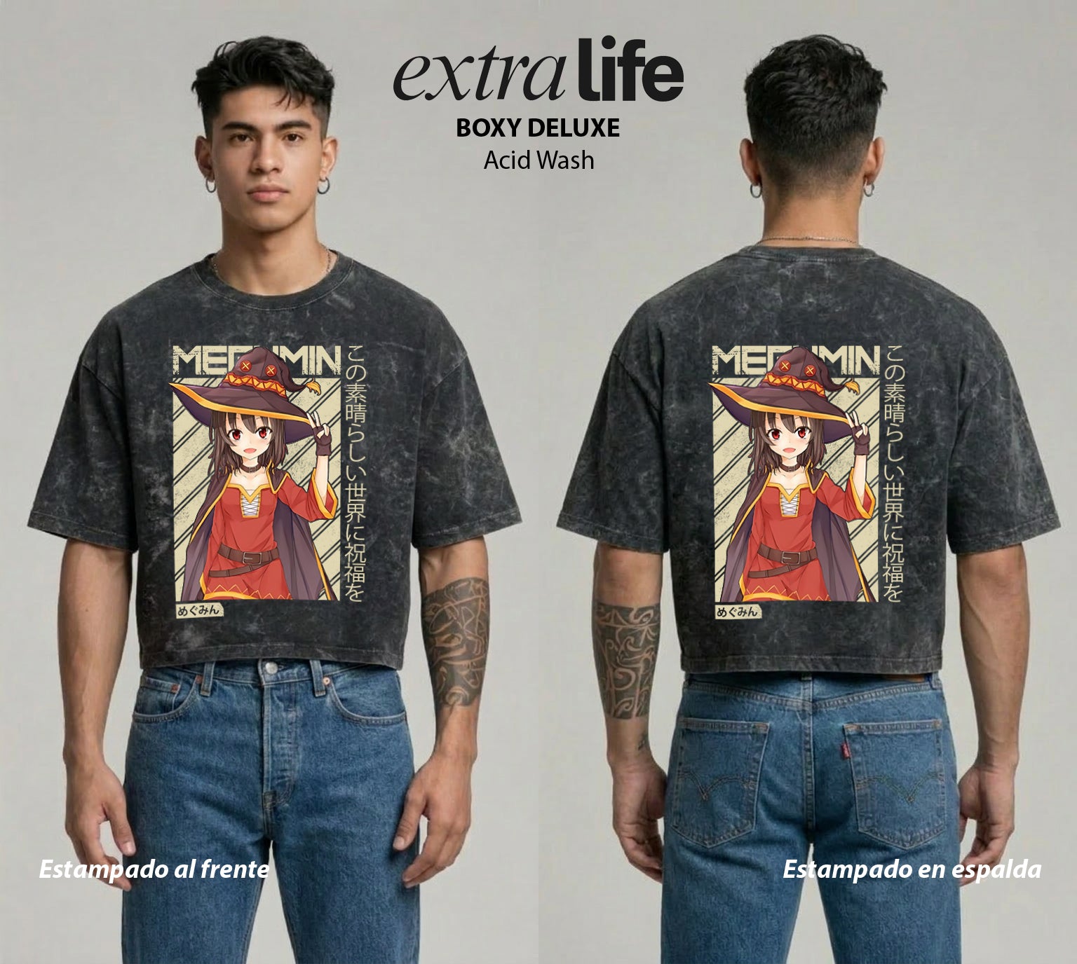 Playera streetwear premium de anime y gaming ExtraLife MX, corte boxy deluxe mineral wash heavyweight en color Acid Wash, moda urbana mexicana de culto.