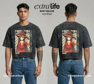 Playera streetwear premium de anime y gaming ExtraLife MX, corte boxy deluxe mineral wash heavyweight en color Acid Wash, moda urbana mexicana de culto.