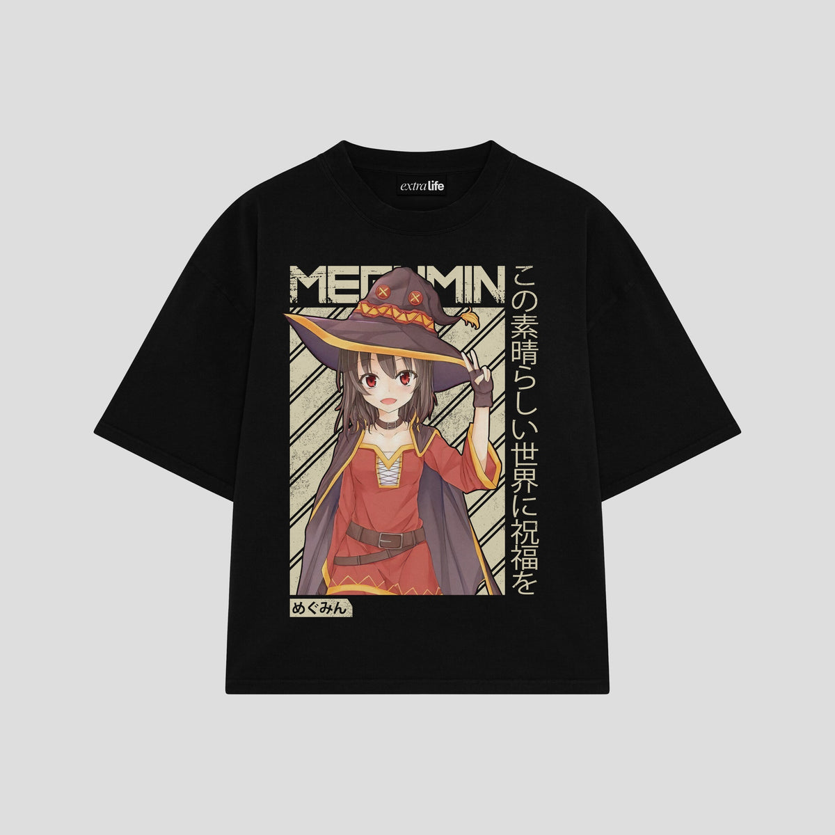 Playera streetwear premium de anime y gaming ExtraLife MX, corte oversized drop shoulder ligero y fresco en color Deep Black y Off-White, moda urbana mexicana de culto.