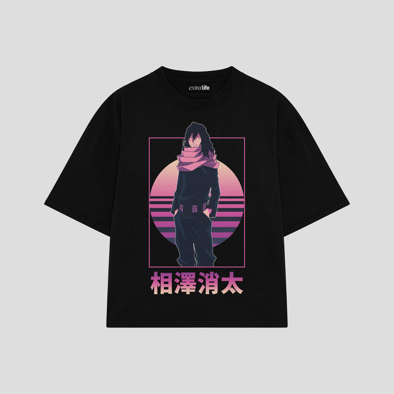 Playera streetwear premium de anime y gaming ExtraLife MX, corte boxy oversized drop shoulder heavyweight en color Deep Black y Off-White, moda urbana mexicana de culto.