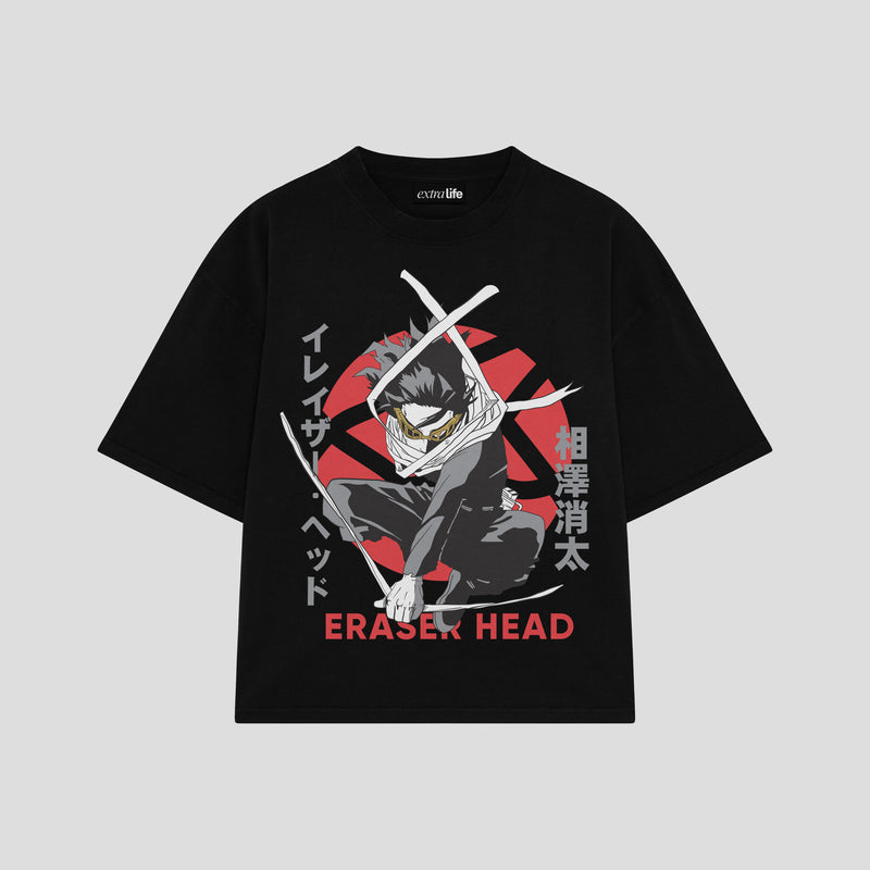 Playera streetwear premium de anime y gaming ExtraLife MX, corte boxy oversized drop shoulder heavyweight en color Deep Black y Off-White, moda urbana mexicana de culto.