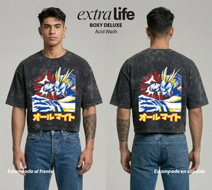 Playera streetwear premium de anime y gaming ExtraLife MX, corte boxy deluxe mineral wash heavyweight en color Acid Wash, moda urbana mexicana de culto.