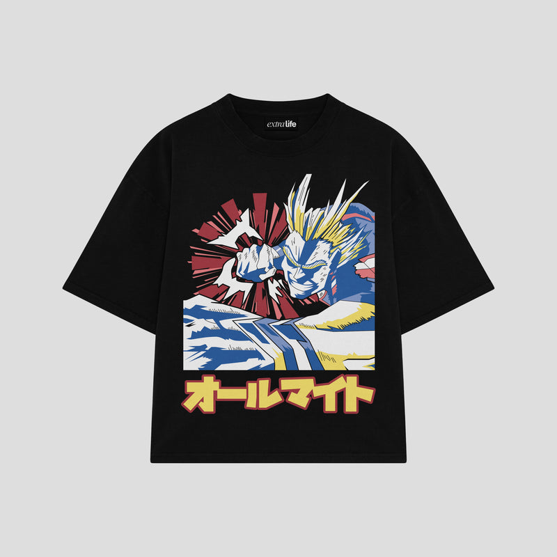 Playera streetwear premium de anime y gaming ExtraLife MX, corte boxy oversized drop shoulder heavyweight en color Deep Black y Off-White, moda urbana mexicana de culto.