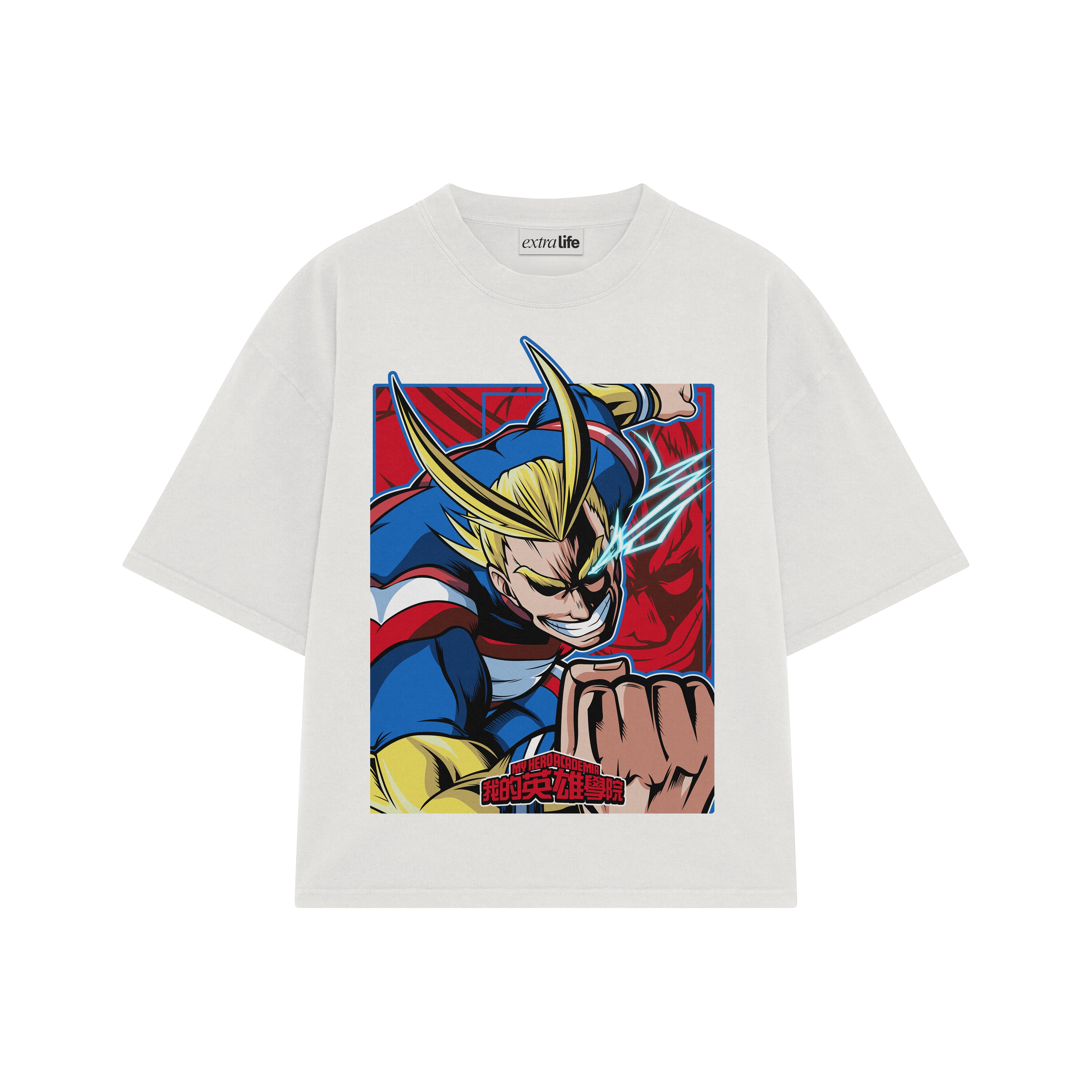 Playera streetwear premium de anime y gaming ExtraLife MX, corte boxy oversized drop shoulder heavyweight en color Deep Black y Off-White, moda urbana mexicana de culto.