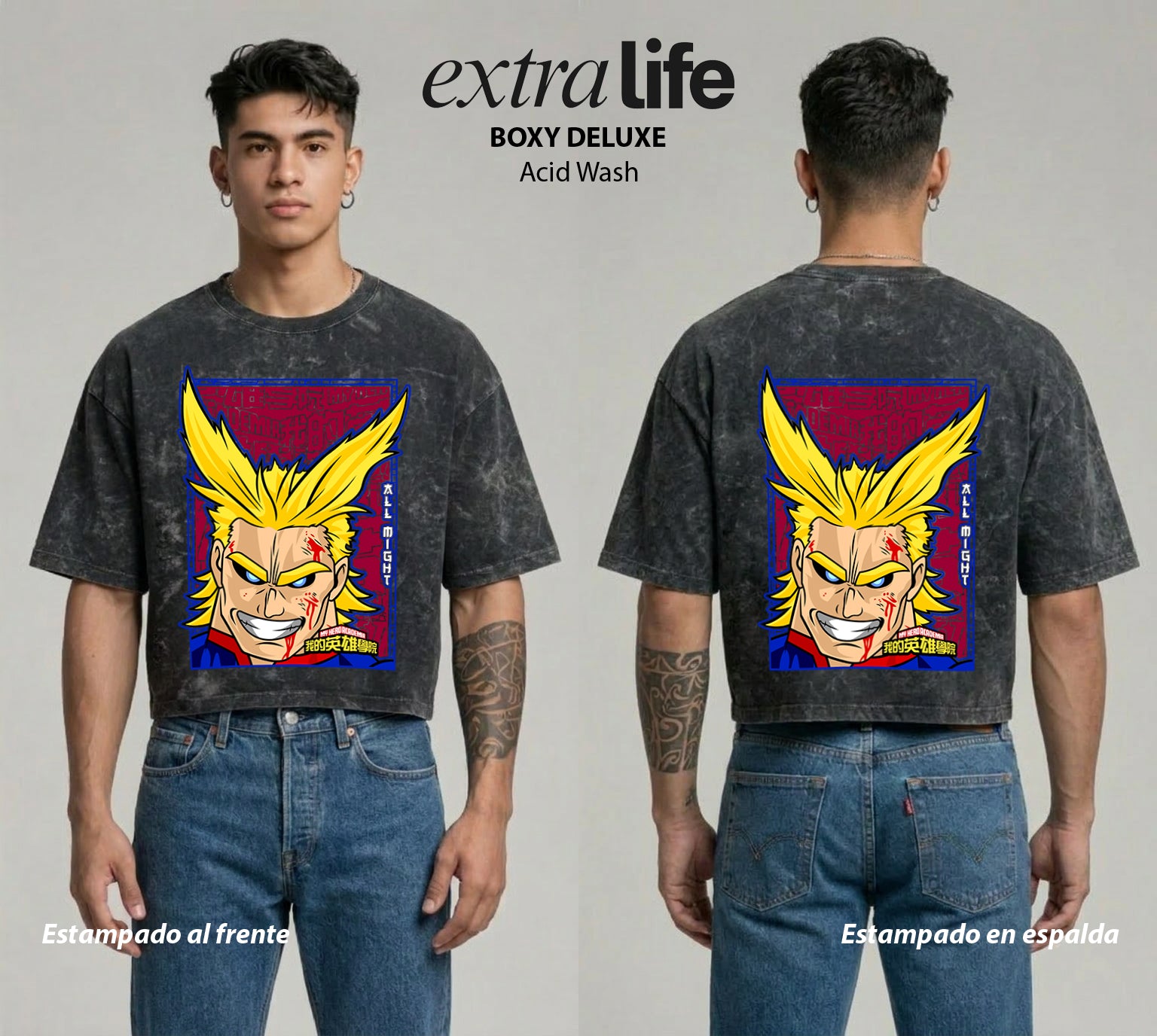 Playera streetwear premium de anime y gaming ExtraLife MX, corte boxy deluxe mineral wash heavyweight en color Acid Wash, moda urbana mexicana de culto.