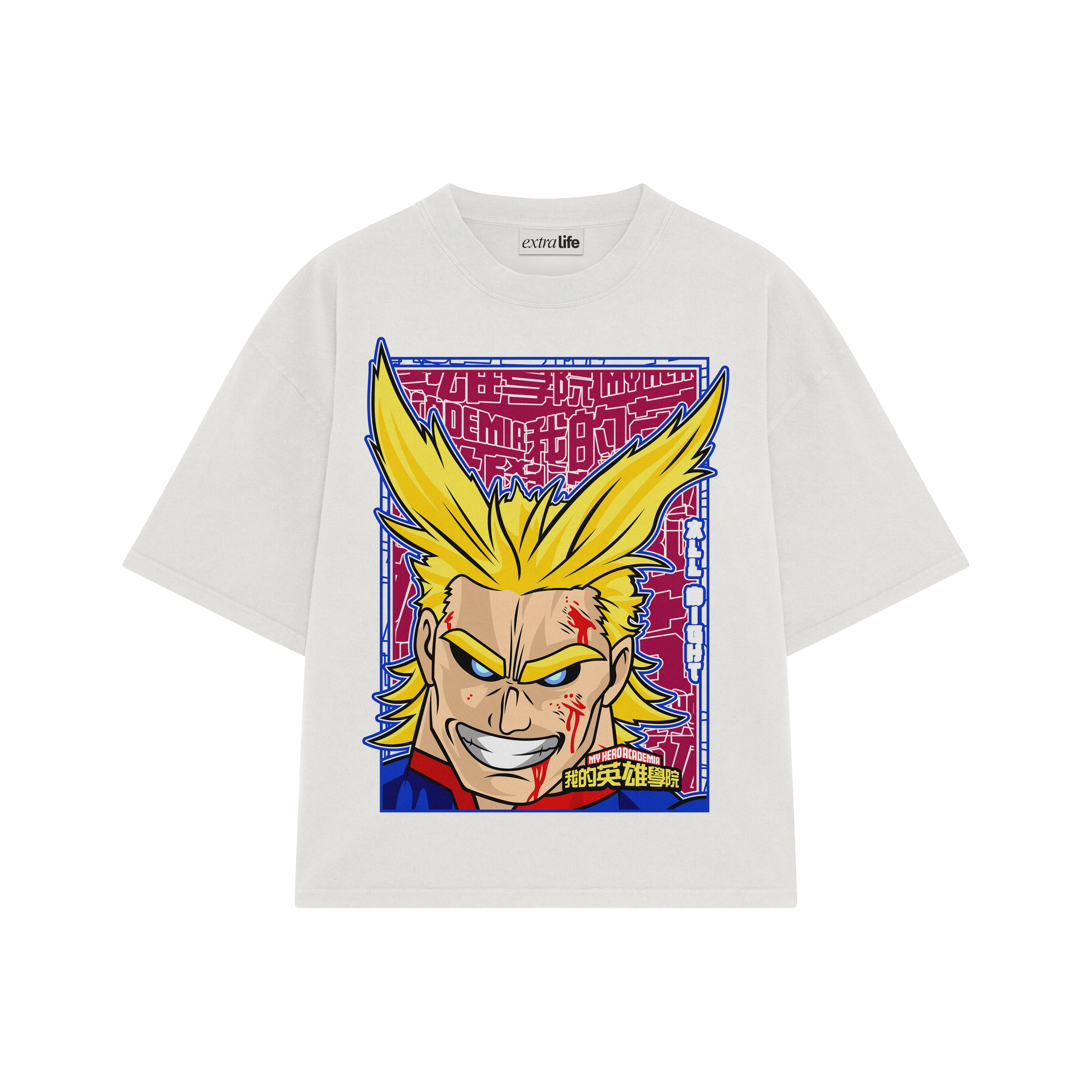 Playera streetwear premium de anime y gaming ExtraLife MX, corte boxy oversized drop shoulder heavyweight en color Deep Black y Off-White, moda urbana mexicana de culto.