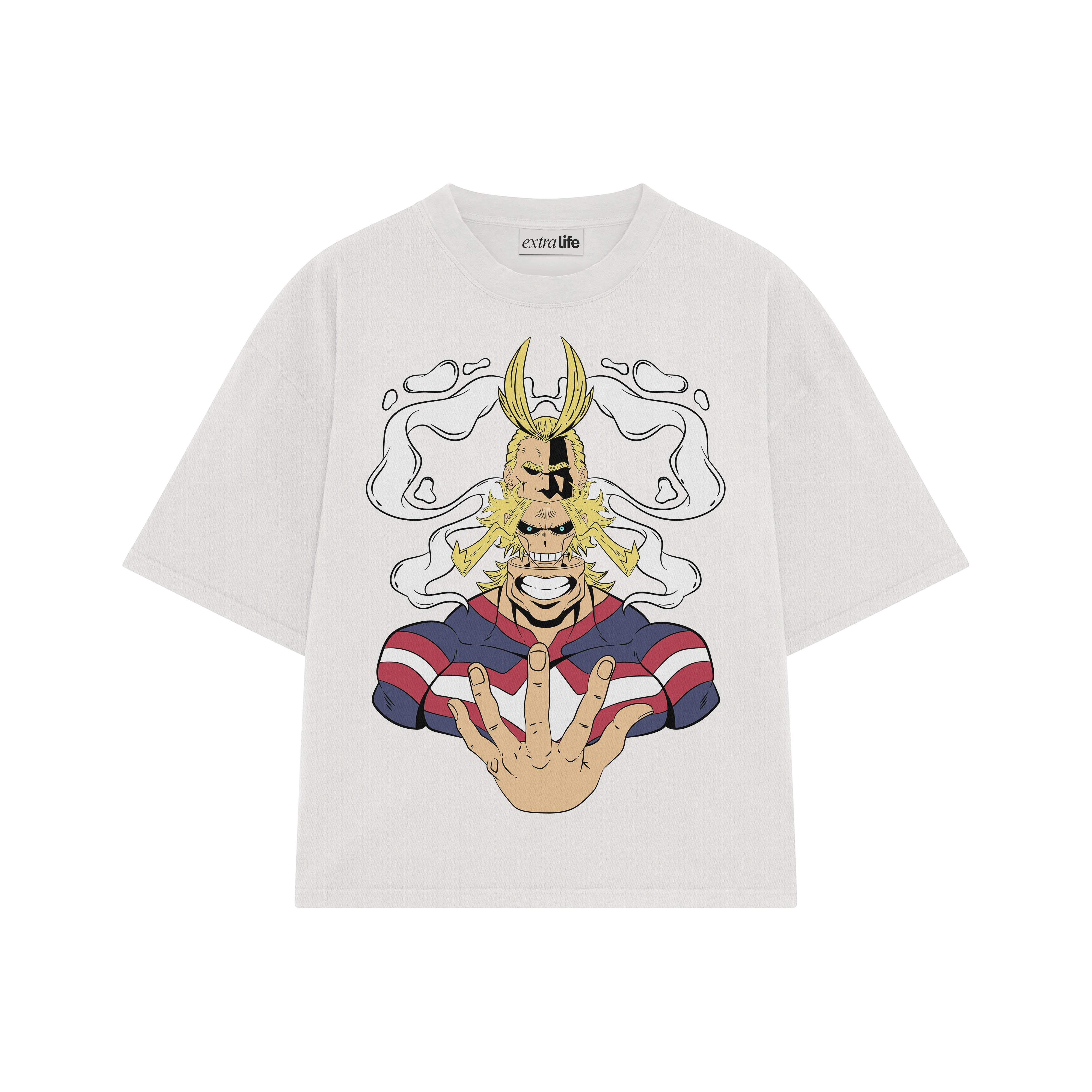 Playera streetwear premium de anime y gaming ExtraLife MX, corte boxy oversized drop shoulder heavyweight en color Deep Black y Off-White, moda urbana mexicana de culto.