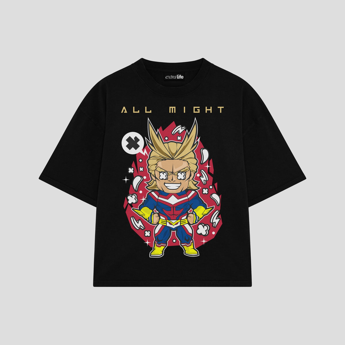 Playera streetwear premium de anime y gaming ExtraLife MX, corte oversized drop shoulder ligero y fresco en color Deep Black y Off-White, moda urbana mexicana de culto.
