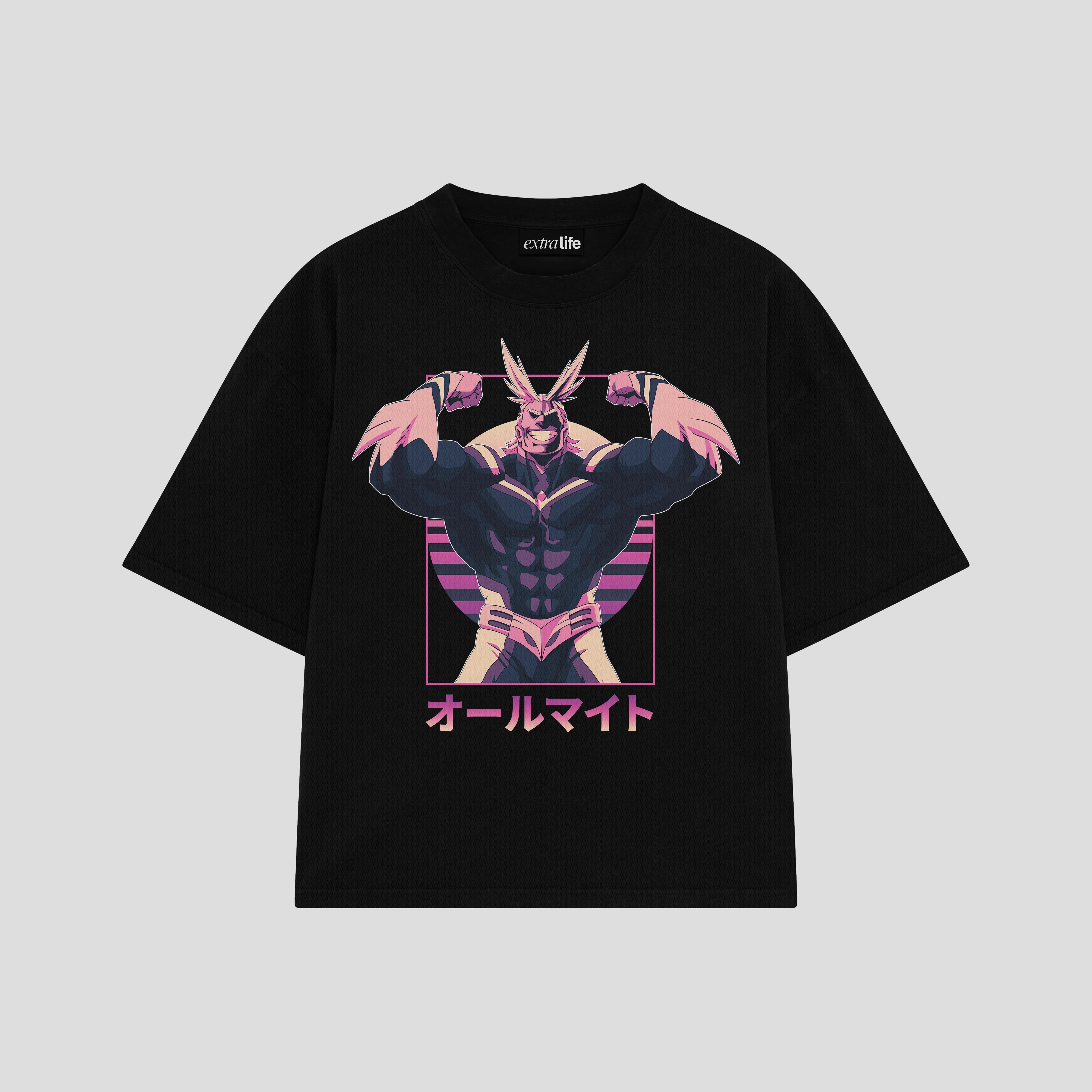 Playera streetwear premium de anime y gaming ExtraLife MX, corte boxy oversized drop shoulder heavyweight en color Deep Black y Off-White, moda urbana mexicana de culto.
