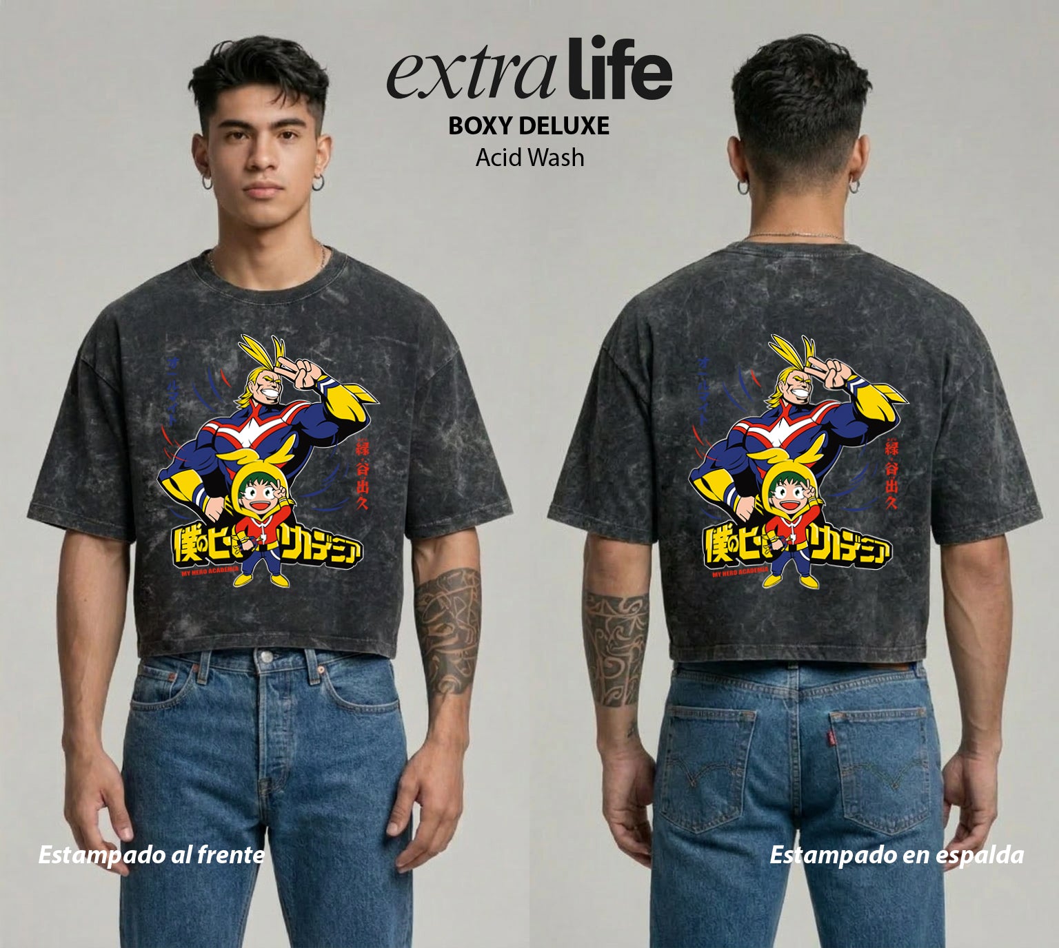 Playera streetwear premium de anime y gaming ExtraLife MX, corte boxy deluxe mineral wash heavyweight en color Acid Wash, moda urbana mexicana de culto.