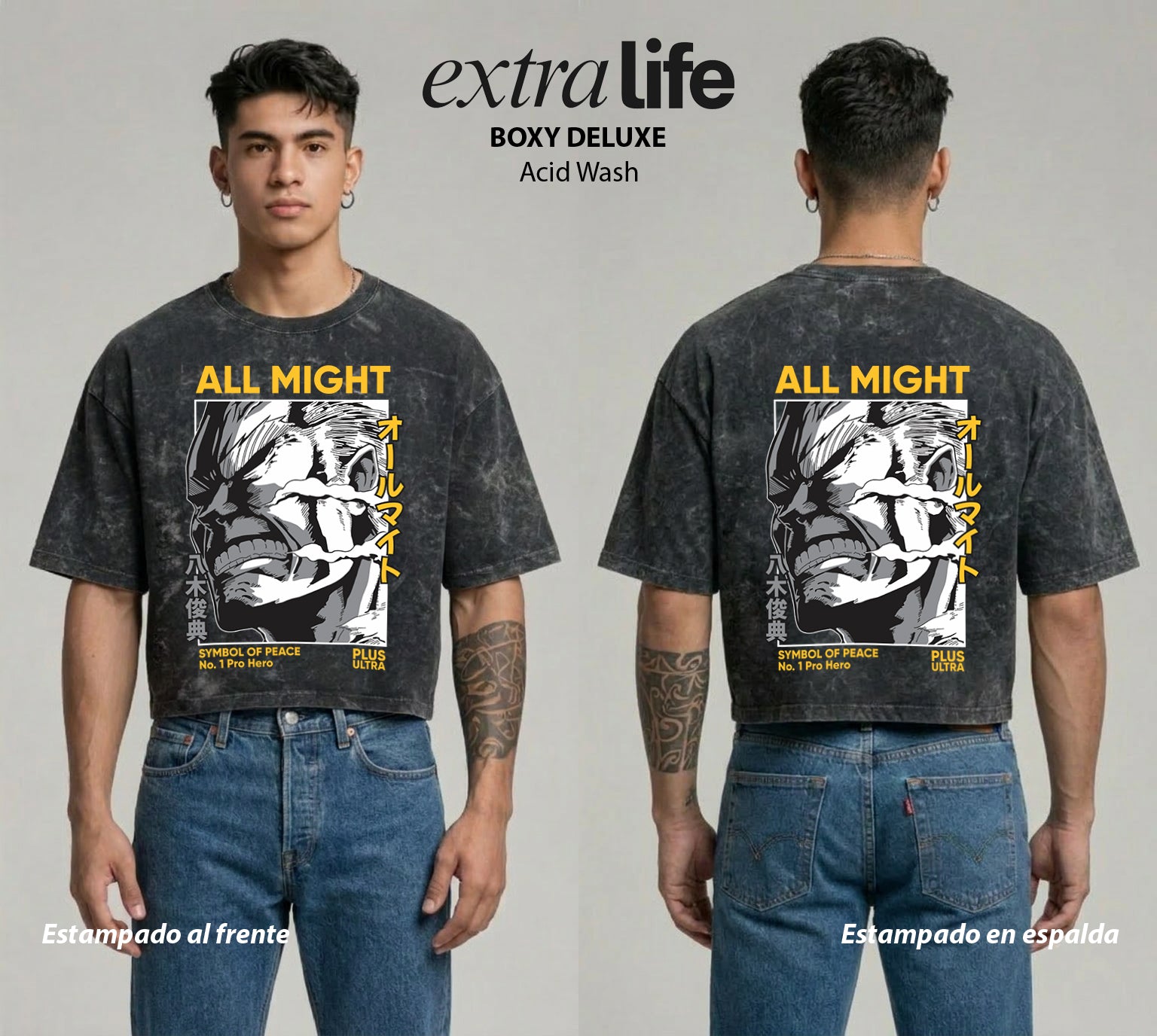 Playera streetwear premium de anime y gaming ExtraLife MX, corte boxy deluxe mineral wash heavyweight en color Acid Wash, moda urbana mexicana de culto.