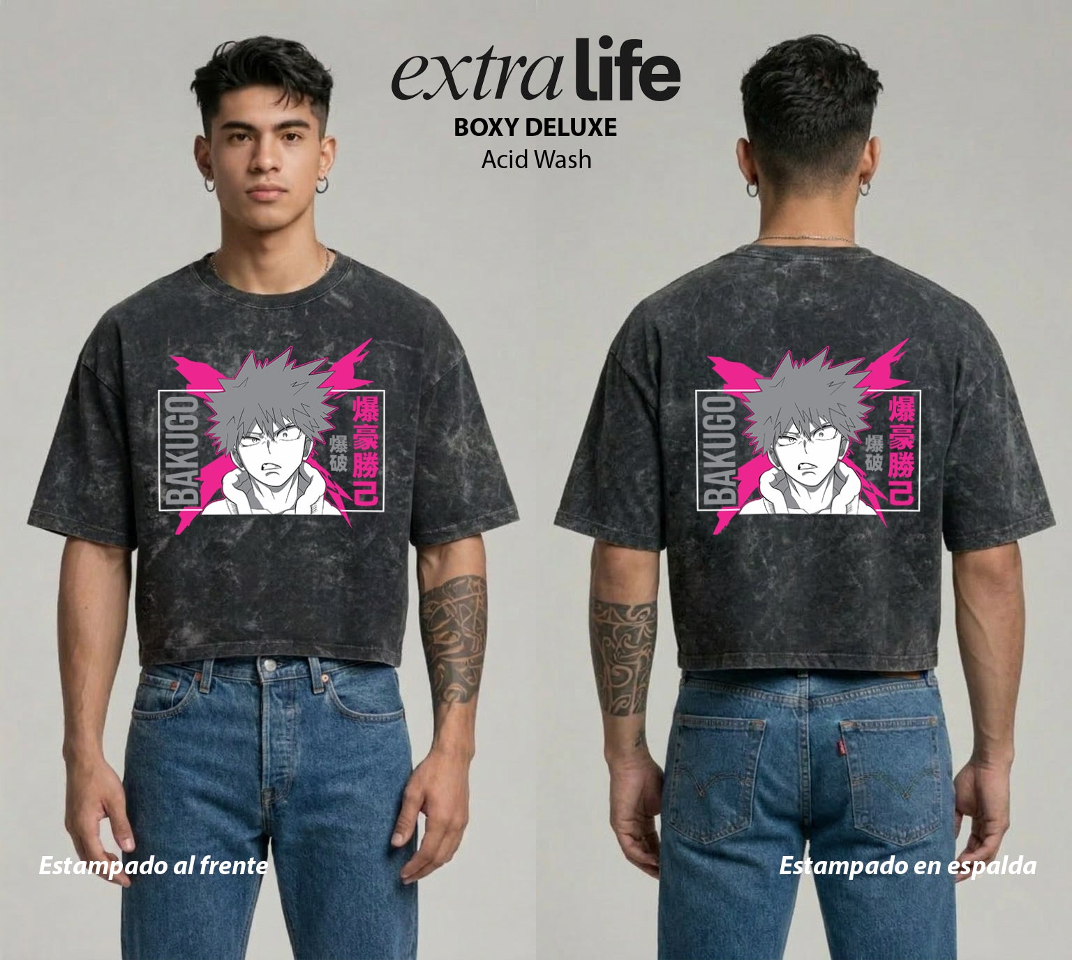Playera streetwear premium de anime y gaming ExtraLife MX, corte boxy deluxe mineral wash heavyweight en color Acid Wash, moda urbana mexicana de culto.