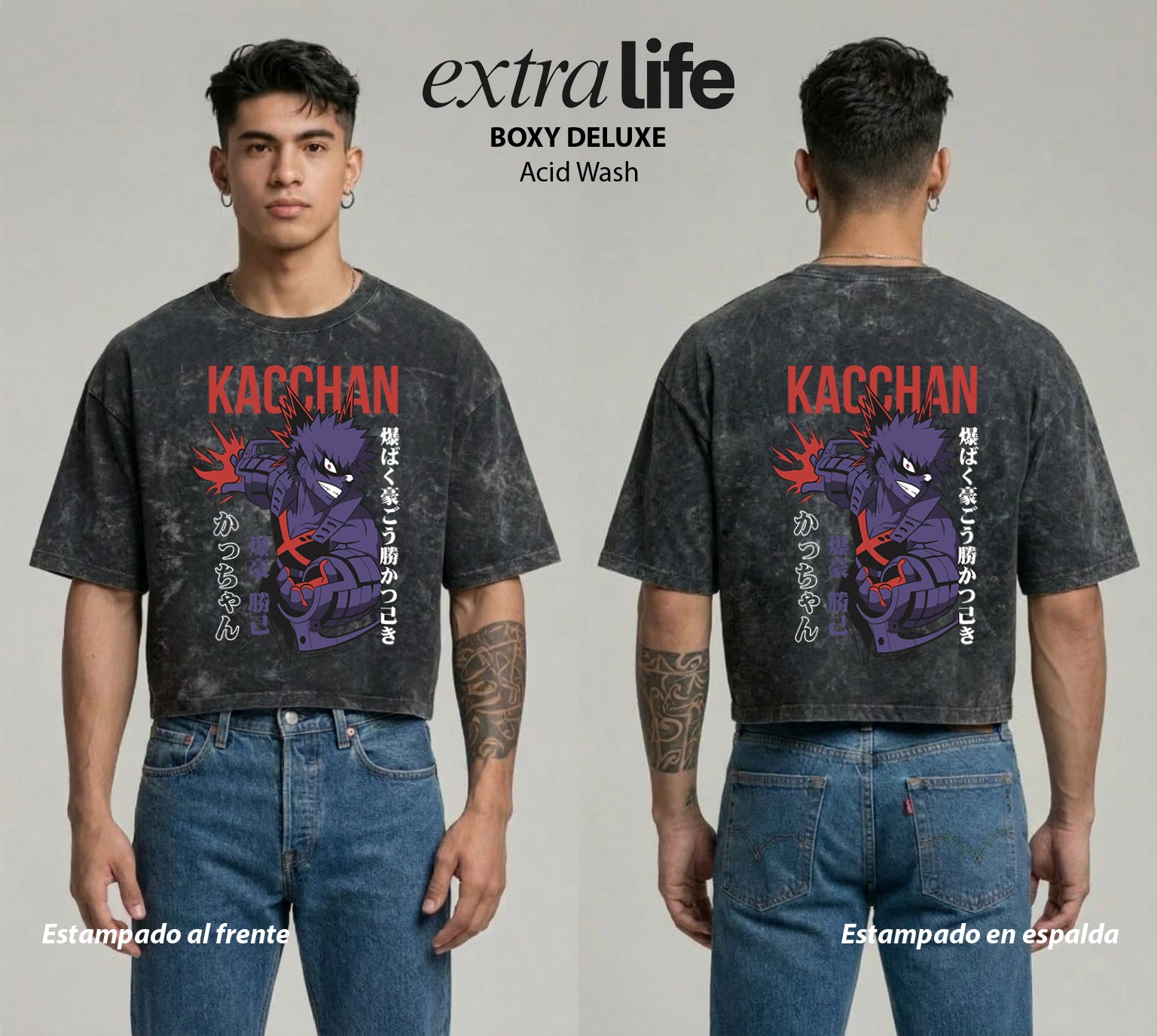 Playera streetwear premium de anime y gaming ExtraLife MX, corte boxy deluxe mineral wash heavyweight en color Acid Wash, moda urbana mexicana de culto.