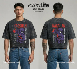 Playera streetwear premium de anime y gaming ExtraLife MX, corte boxy deluxe mineral wash heavyweight en color Acid Wash, moda urbana mexicana de culto.