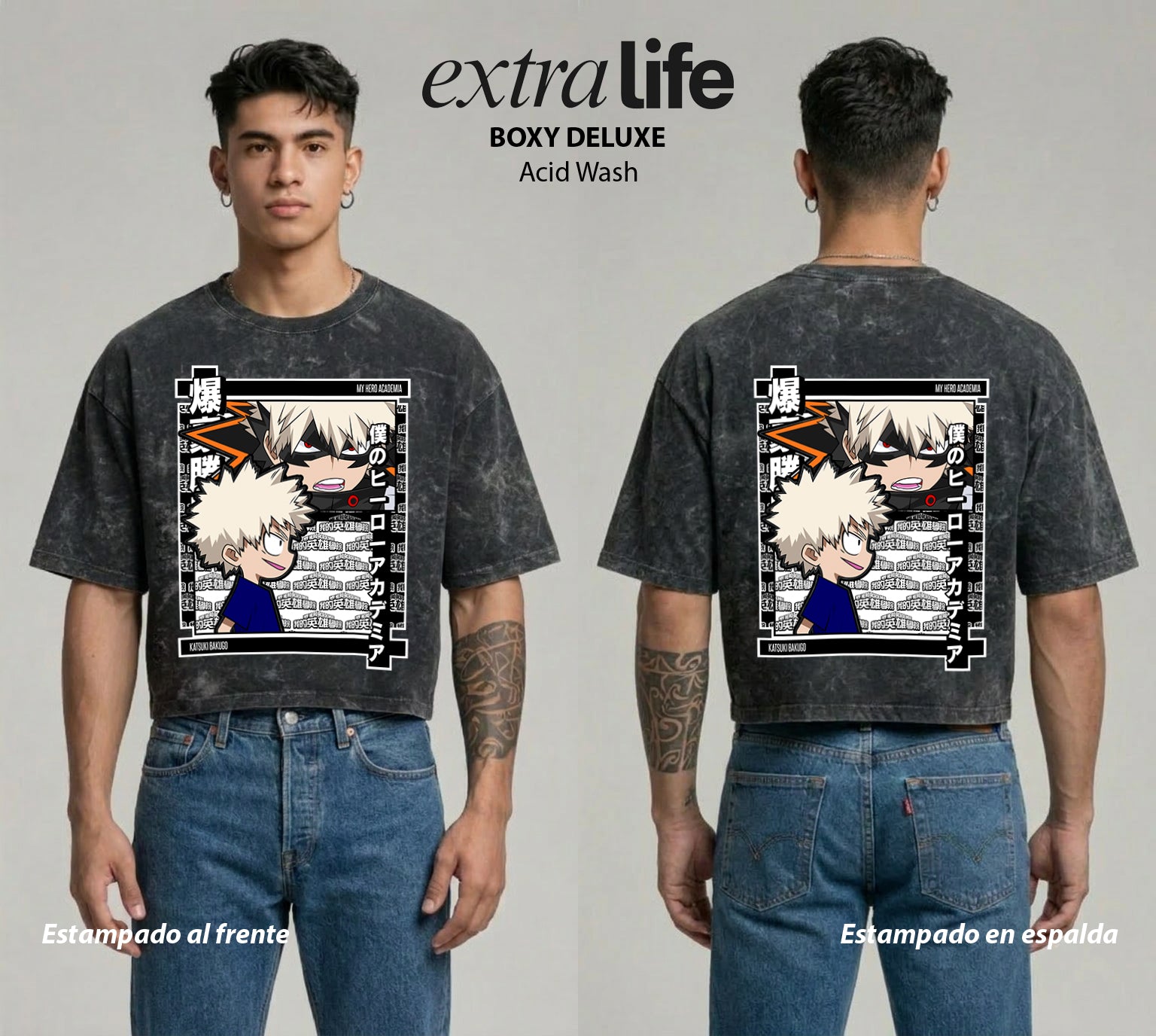 Playera streetwear premium de anime y gaming ExtraLife MX, corte boxy deluxe mineral wash heavyweight en color Acid Wash, moda urbana mexicana de culto.