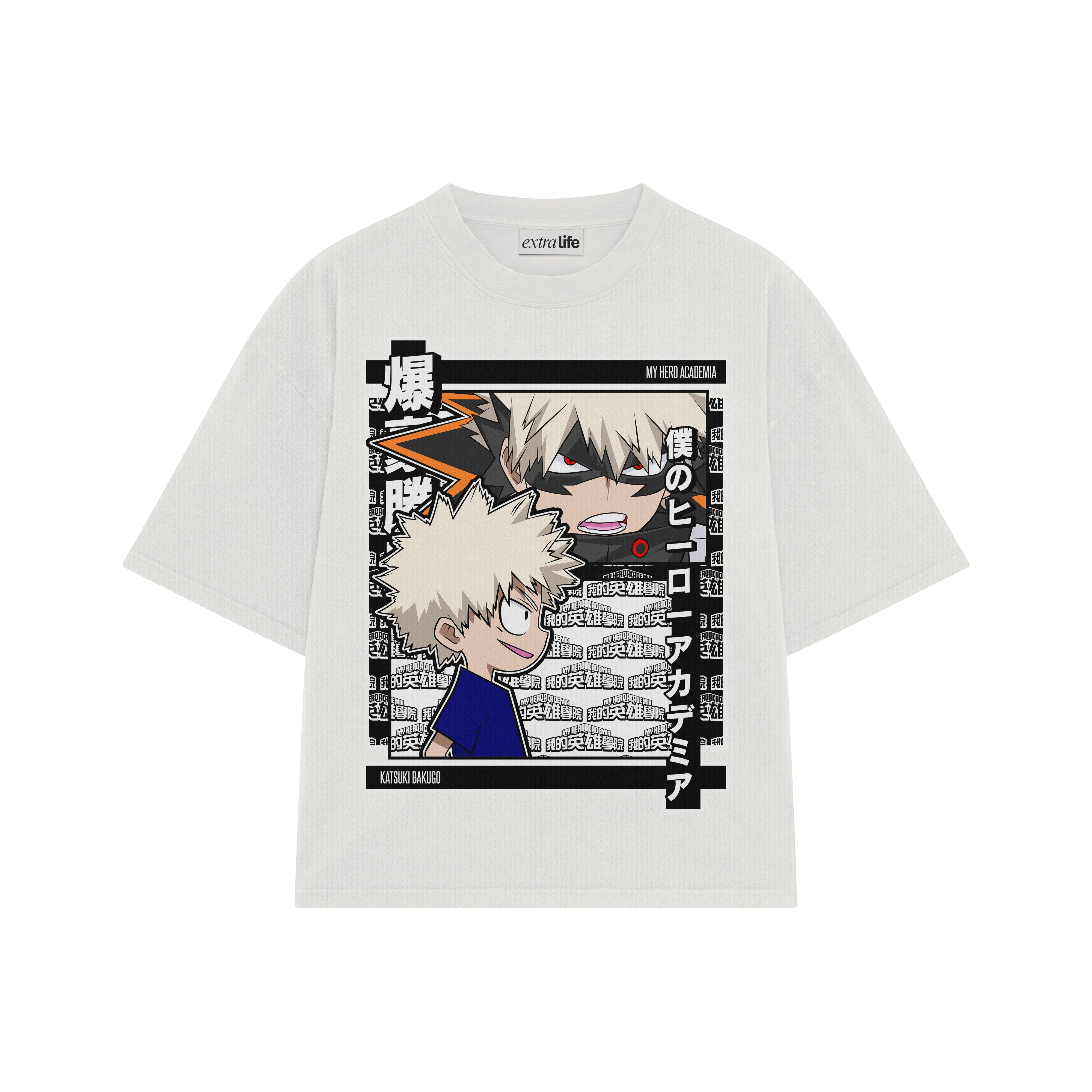 Playera streetwear premium de anime y gaming ExtraLife MX, corte boxy oversized drop shoulder heavyweight en color Deep Black y Off-White, moda urbana mexicana de culto.