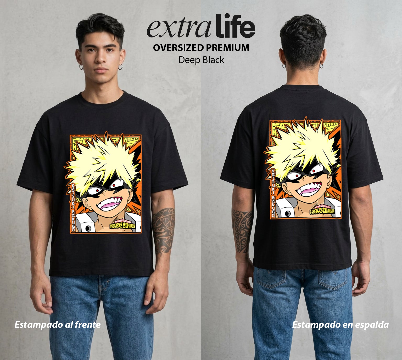 La Academia de Heroes | El Campeón Explosivo #02469 - Playera Oversized Premium | Deep Black - Foto en modelo