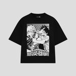 Playera streetwear premium de anime y gaming ExtraLife MX, corte boxy oversized drop shoulder heavyweight en color Deep Black y Off-White, moda urbana mexicana de culto.