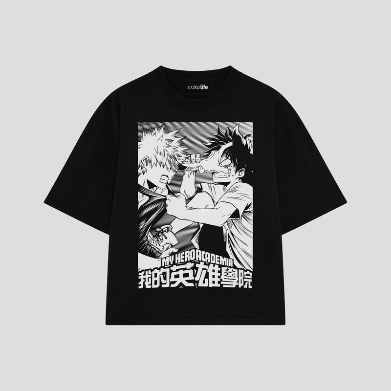 Playera streetwear premium de anime y gaming ExtraLife MX, corte boxy oversized drop shoulder heavyweight en color Deep Black y Off-White, moda urbana mexicana de culto.